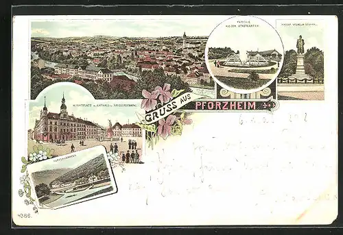 Lithographie Pforzheim, Marktplatz mit Rathaus, Kupferhammer, Kaiser Wilhelm Denkmal