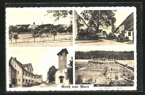 AK Wart, Strassenpartie am Gasthaus Linde, Freibad aus der Vogelschau