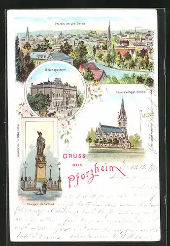 Lithographie Pforzheim, Reichspostamt, Krieger-Denkmal, neue evangel. Kirche
