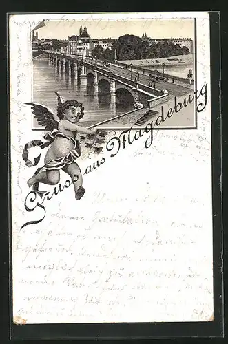 Lithographie Magdeburg, Brücke über die Elbe, Engelchen