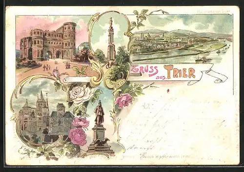 Lithographie Trier, Porta Nigra, Dom und Liebfrauenkirche