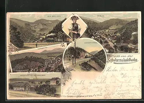 Lithographie Triberg, Ortsansicht, Ansichten von Hornberg und Sommerau, Schwarzwaldbahn