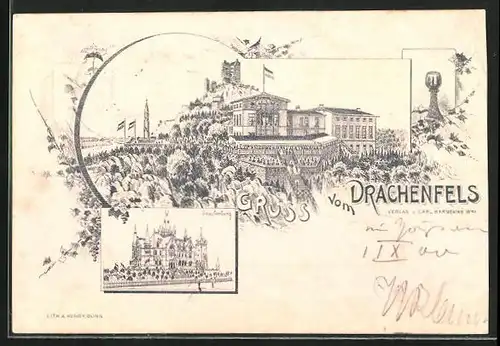 Lithographie Drachenfels, Hotel auf dem Drachenfels, Drachenburg