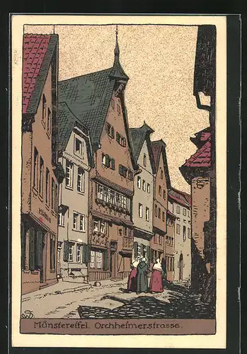 Steindruck-AK Münstereifel, Orchheimerstrasse mit alten Häusern
