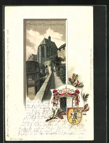 Passepartout-Lithographie Marburg, Blick zur Universitäts-Kirche, Wappen