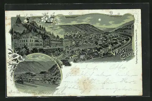 Mondschein-Lithographie Calw, Blick über Ort, Handelsschule, Bahnhof