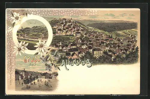 Lithographie Altensteig, Marktplatz, Bahnhof, Ortsansicht