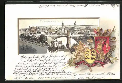 Passepartout-Lithographie Freudenstadt, Ortsansicht, Friedrichshöhe, Wappen