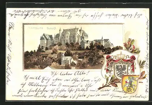 Passepartout-Lithographie Marburg, Blick auf Schloss, Wappen