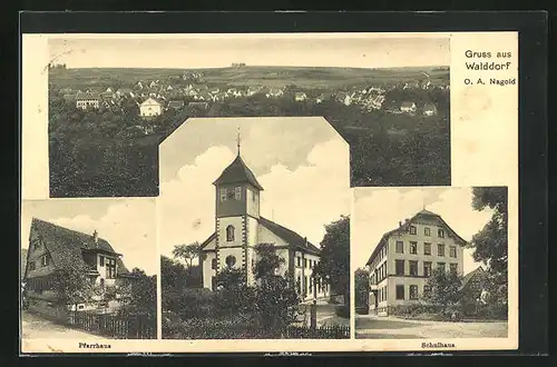 AK Walddorf /Schwarzwald, Pfarrhaus, Schulhaus, Kirche, Totalansicht