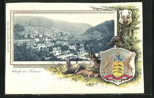 Passepartout-Lithographie Hirsau, Totalansicht, Jagdhund mit Jagdbeute, Stadtwappen