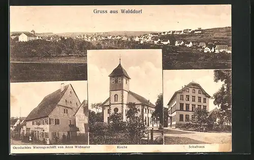 AK Walddorf /Schwarzwald, Schulhaus, Totalansicht, Kirche