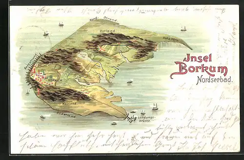 Lithographie Borkum, Totalansicht der Insel