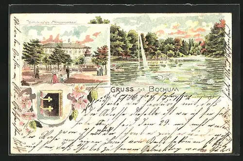 Lithographie Bochum, Wilhelmsplatz mit Kriegerdenkmal, Partie aus dem Stadtpark