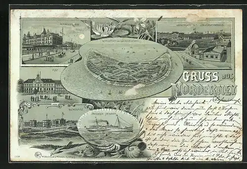 Lithographie Norderney, Kaiserstrasse, Seehospiz, Dampfer Prinzessin Heinrich