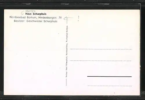 AK Borkum, Hotel Haus Scharphuis, Hindenburgstrasse 78