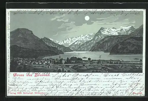 Mondschein-Lithographie Brunnen, Panorama mit Gebirgszug