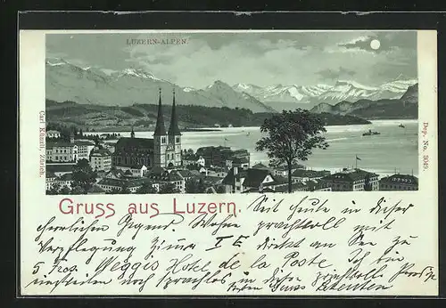Mondschein-Lithographie Luzern, Ortspartie mit Alpenpanorama