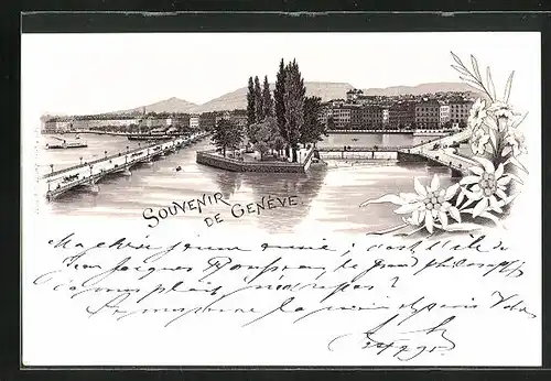 Lithographie Genéve, Teilansicht mit Genfer-See, Edelweiss
