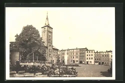 AK Wünschelburg Heuscheuer, Tanzdiele und Leuchtbrunnen