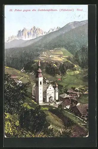 AK St. Peter /Villnöstal, Kirche gegen die Geislerspitzen