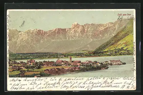 Lithographie Zell am See, Blick auf Ort und Berge