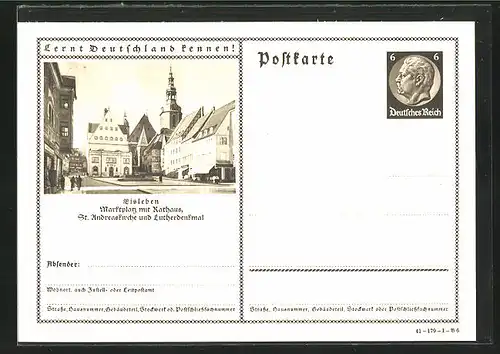 AK Eisleben, Marktplatz mit Rathaus, Ganzsache Lernt Deutschland kennen