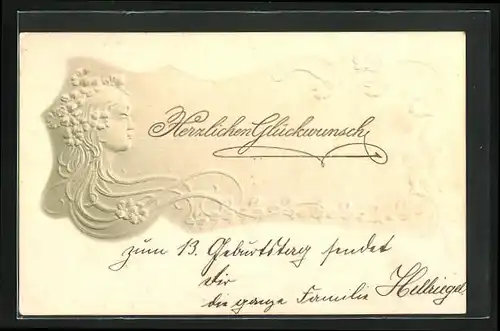 Präge-Airbrush-AK Frau mit Blumen im Haar, Jugendstil