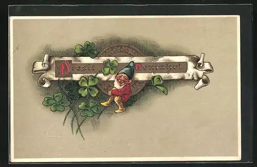 Präge-AK Zwerg mit Kleeblättern, Neujahrsgruss
