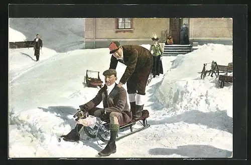 AK Zwei Männer und Frau mit Schlitten im Schnee
