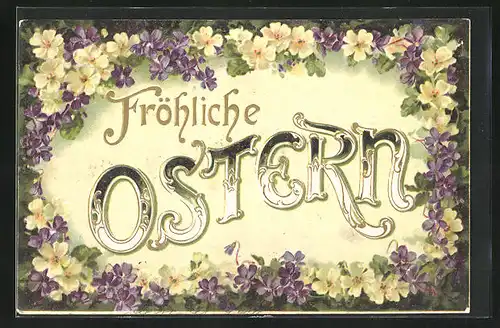 Präge-AK Gelbe und violette Blumen, Ostergruss