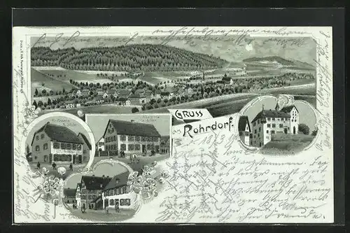 Mondschein-Lithographie Rohrdorf, Gasthaus z. Adler, Gasthaus z. Ochsen, Tuchfabrik