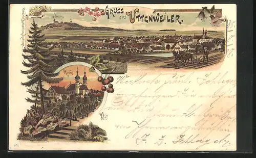 Lithographie Uttenweiler, Kirche, Bussen, Totalansicht