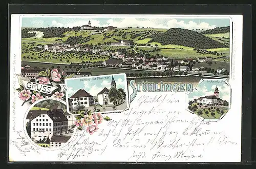 Lithographie Stühlingen, Hôtel Adler, Kirche mit Pfarrhof, Schloss Hohenlupfen