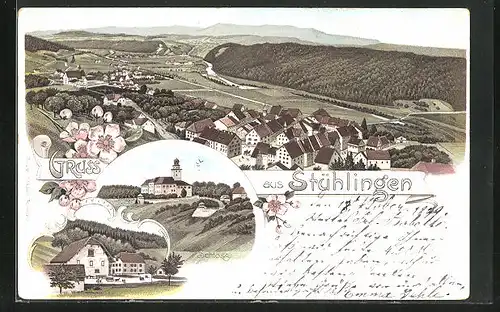 Lithographie Stühlingen, Schloss Hohenlupfen, Totalansicht