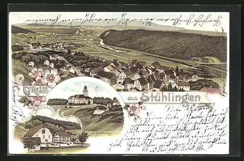 Lithographie Stühlingen, Totalansicht, Schloss Hohenlupfen