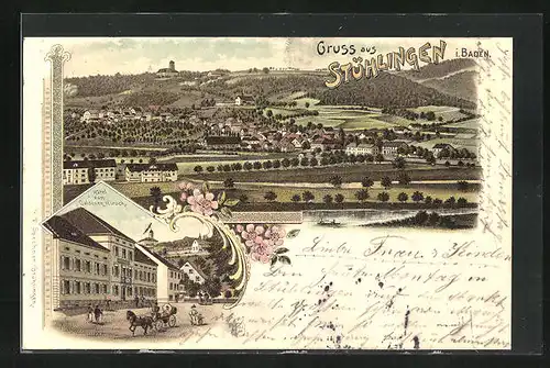 Lithographie Stühlingen, Hôtel zum Goldenen Hirsch, Totalansicht