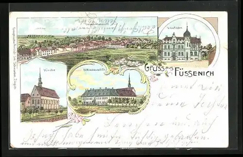 Lithographie Füssenich, Hotel Villa Frohn, Gesamtansicht, Kirche, St. Nikolausstift