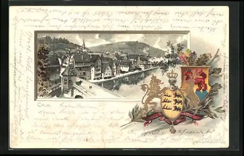 Passepartout-Lithographie Calw, Panoramablick auf den Ort, Wappen