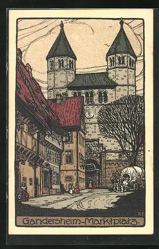 Steindruck-AK Gandersheim, Marktplatz mit Kirche