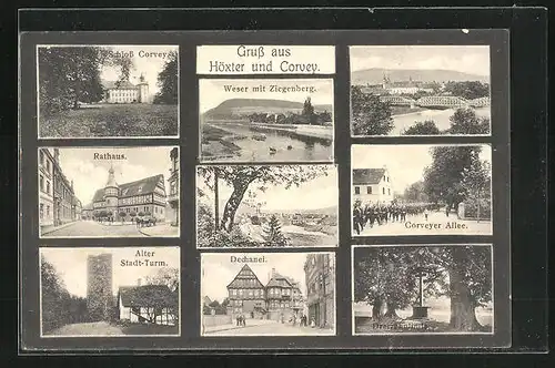 AK Höxter, Rathaus, Weser mit Ziegenberg, Schloss Corvey