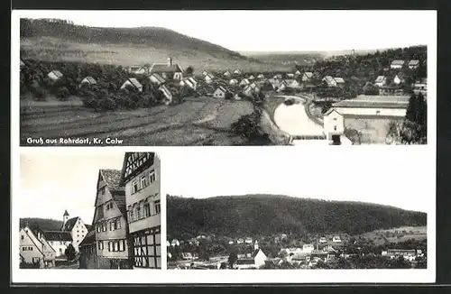 AK Rohrdorf, Ortspartie mit Fachwerk, Panorama mit Fluss