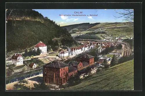 AK Calw, Spörer`sche Handelsschule u. Bahnhof