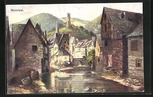 Künstler-AK Monreal /Eifel, Flusspartie mit Blick auf Löwenburg