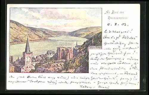 Künstler-AK Bacharach, Panorama mit Ort und Landschaft