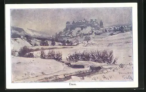 Künstler-AK Daun, Panorama mit Ort im Winter