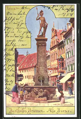Künstler-AK Freiburg, Bertholds Brunnen und Alte Burse