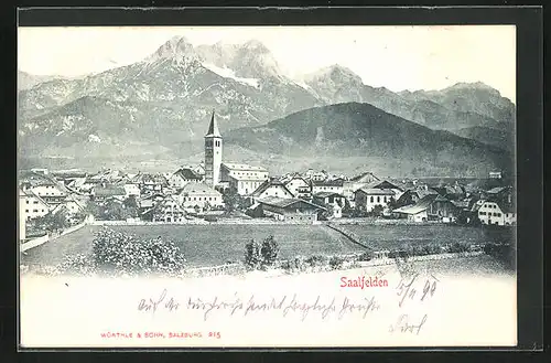 AK Saalfelden, Ortsansicht mit Kirche und Bergen