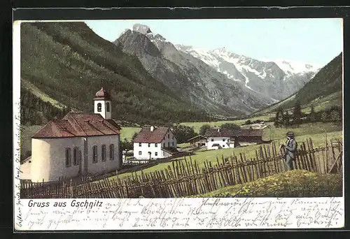 Künstler-AK Gschnitz, Panorama mit Ort und Berglandschaft