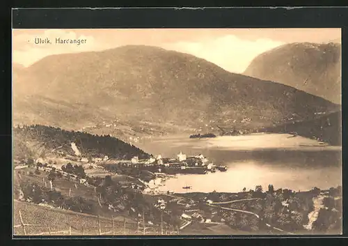 AK Ulvik, Panorama mit Ortschaft und Fjord